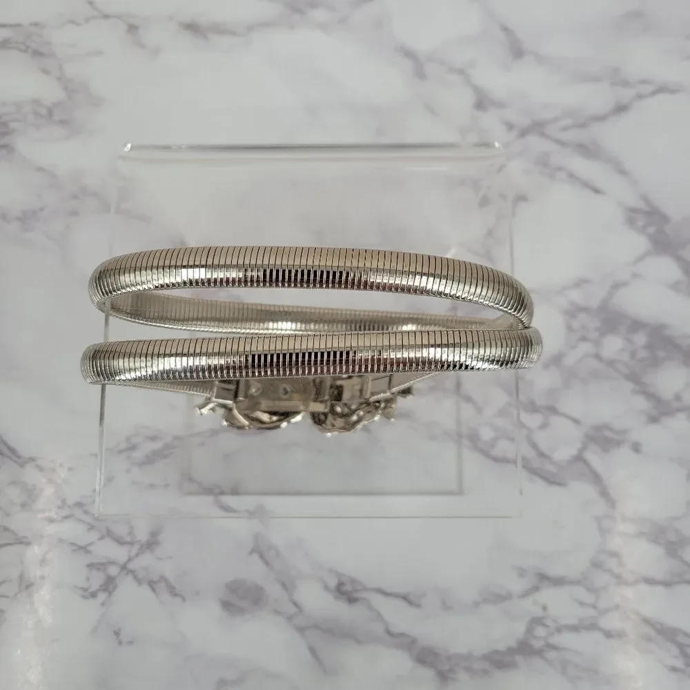 Vintage 80s Silver Toned Slinky Stretch Women's Belt with Rose Buckles Sleek